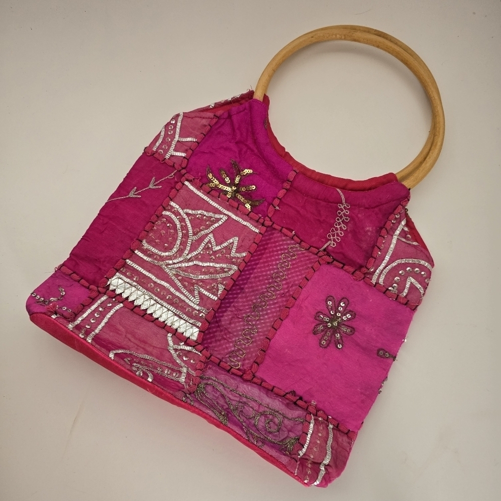 Boho Pink Patchwork Silver Golden Embroidered Handbag Wooden Handles